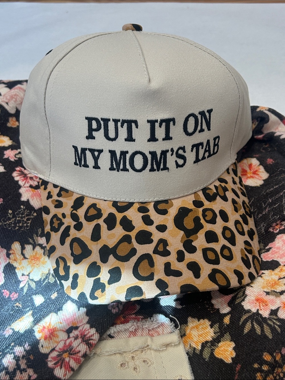 Put It On My Mom's Tab Beige Baseball Cap with Leopard Visor adult one size new